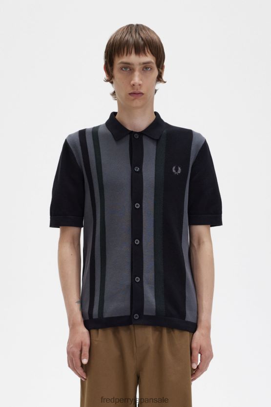 ストライプニットシャツ 男性 Fred Perry 黒 F0R402434 衣類