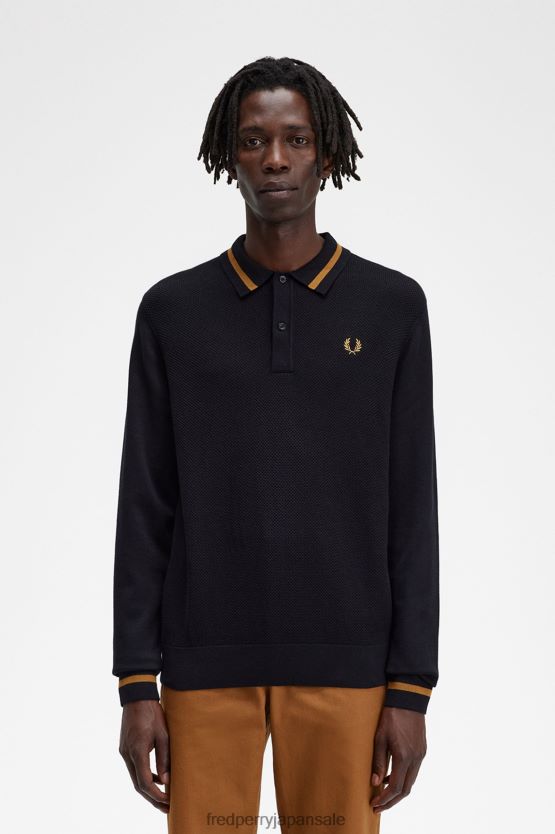 テクスチャードフロントニットシャツ 男性 Fred Perry 黒 F0R402472 衣類