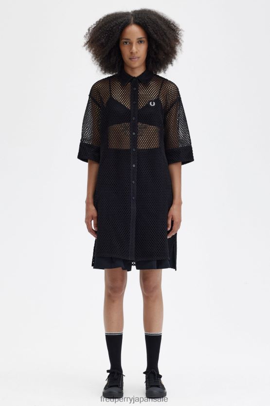 オープンニット シャツドレス 女性 Fred Perry 黒 F0R402603 衣類