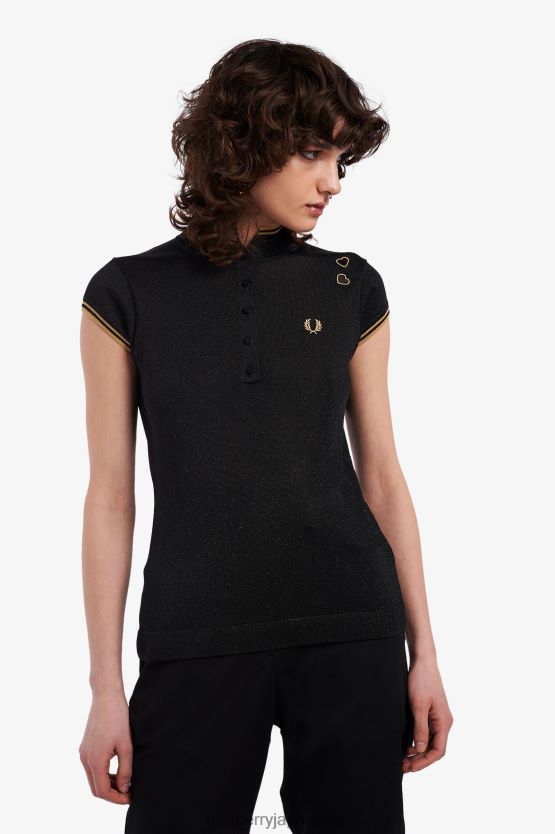 メタリックニットシャツ 女性 Fred Perry 黒 F0R402630 衣類