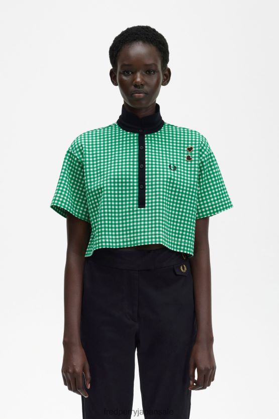 クロップドギンガムピケシャツ 女性 Fred Perry 緑 F0R402641 衣類