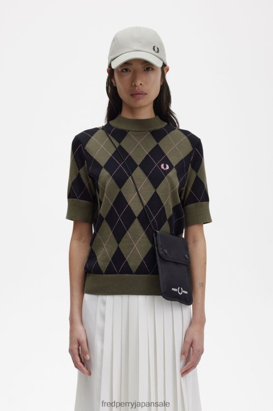 半袖アーガイルセーター 女性 Fred Perry ユニフォームグリーン F0R402685 衣類