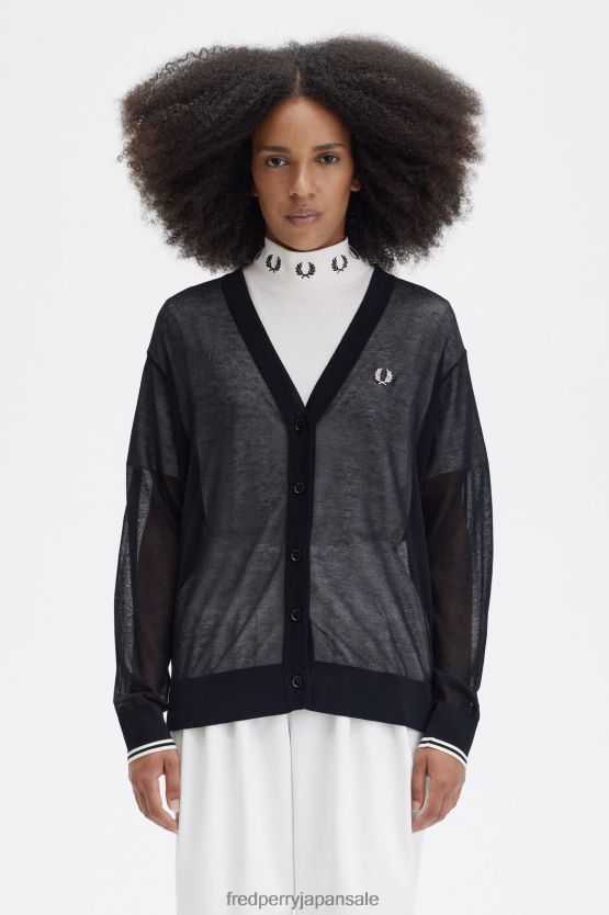 シアー Vネック カーディガン 女性 Fred Perry 黒 F0R402667 衣類