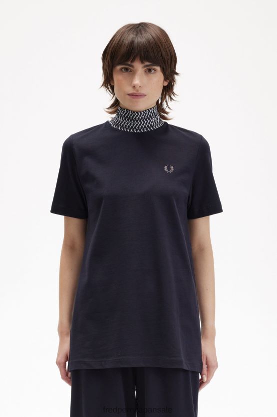 ジャカードトリム ハイネック Tシャツ 女性 Fred Perry 海軍 F0R402649 衣類